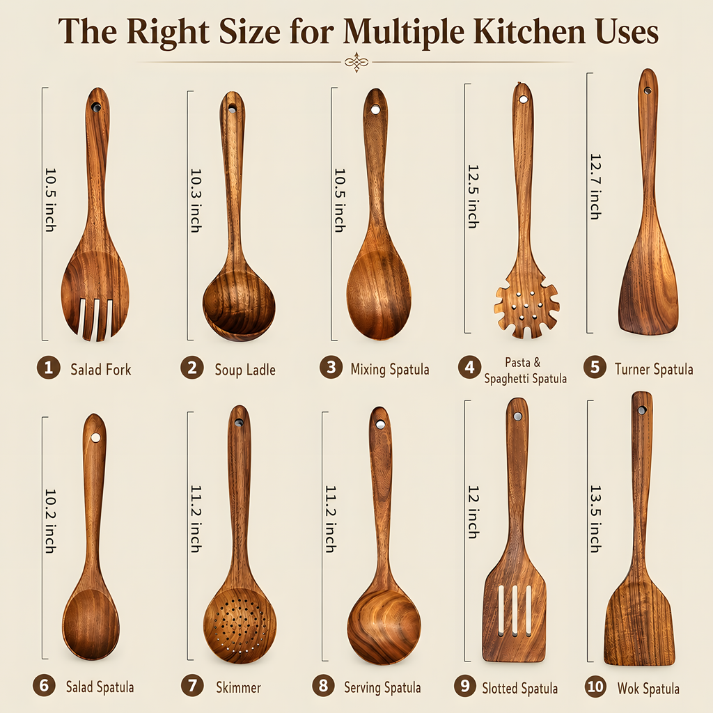 10-Piece Teak Wooden Utensil Set