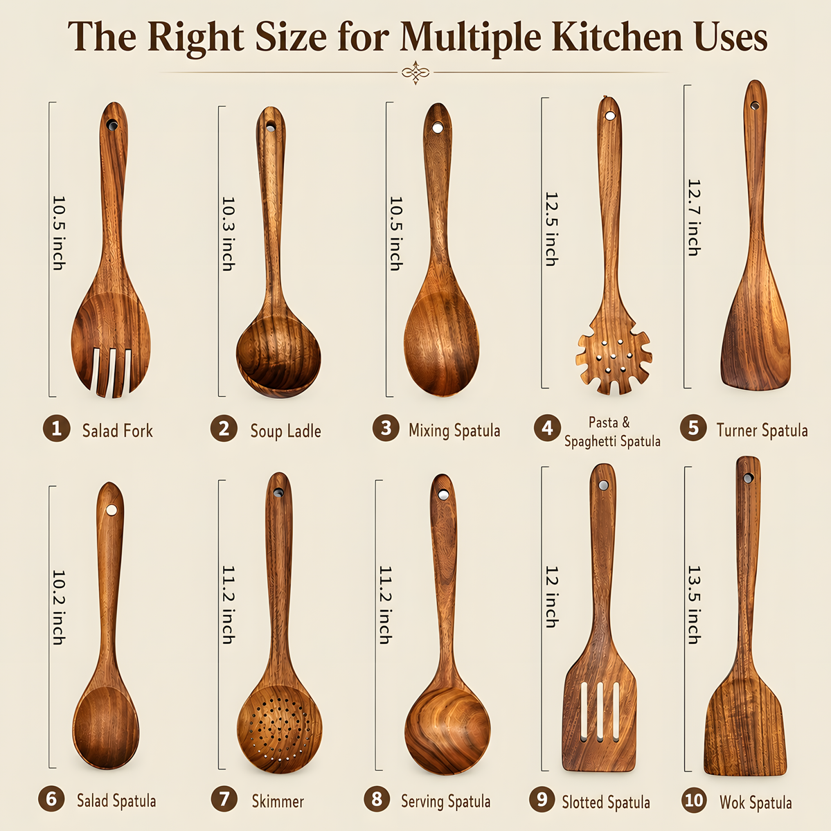 10-Piece Teak Wooden Utensil Set