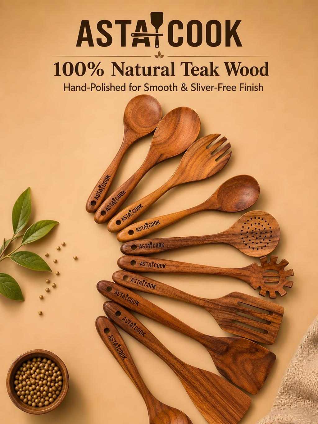 10-Piece Teak Wooden Utensil Set