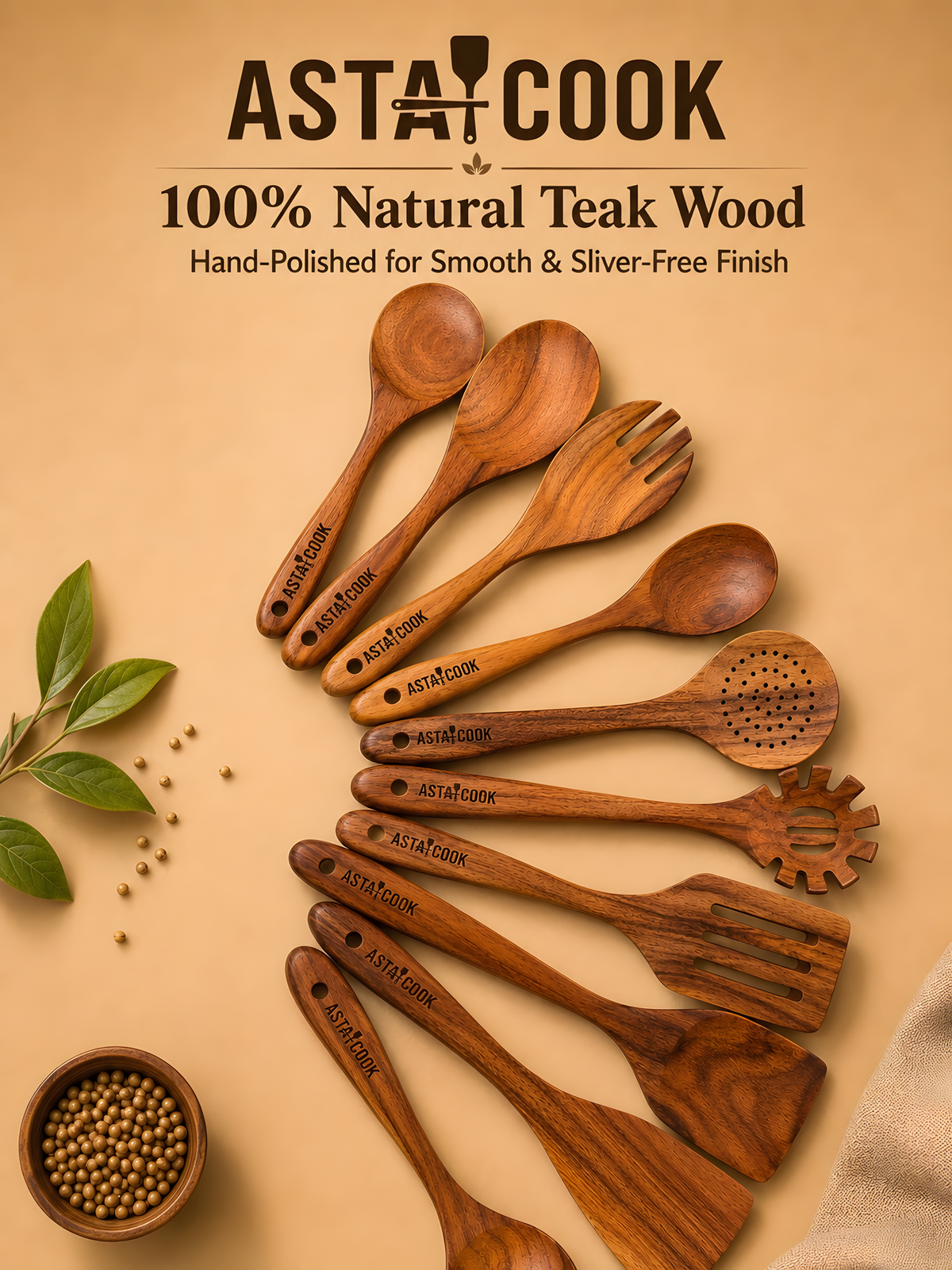 10-Piece Teak Wooden Utensil Set